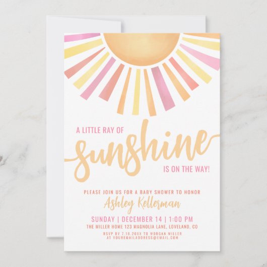 サンシャインベビーシャワーのピンクの小さな光線 招待状 (正面)