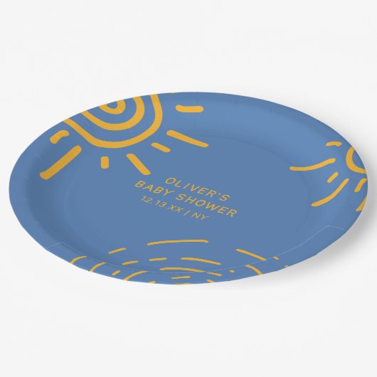 サンシャインベビーシャワーのブルーイエローレトロレイ ペーパープレート (アングル)