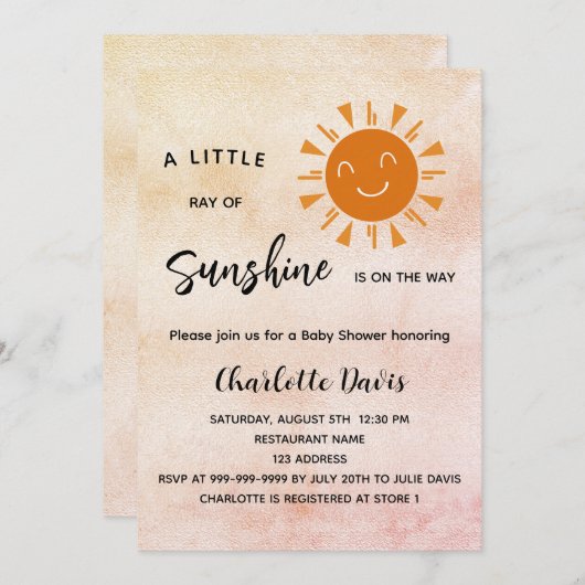 サンシャインベビーシャワーピンクガールサンラグジュアリー 招待状 (正面/裏面)