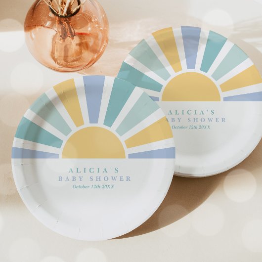 サンシャインベビーシャワー来ここの息子の黄色の光線 ペーパープレート
