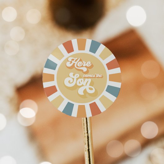 サンシャインベビーシャワー来ここの息子の黄色の光線 ラウンドシール