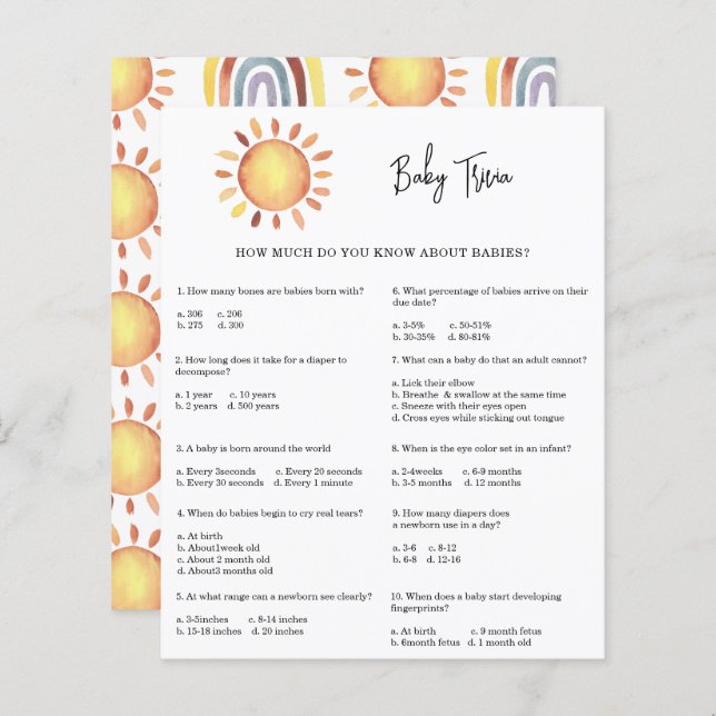 サンシャインベビートリビア |赤ちゃんシャワーゲーム (正面/裏面)