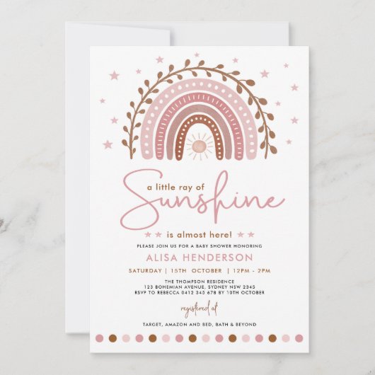 サンシャインボーレインボーガールベビーシャワーのピンクボホーレイ 招待状 (正面)