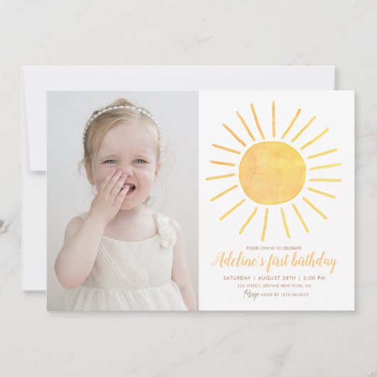 サンシャインモダンウォーターカラーフォト誕生日 招待状 (正面)