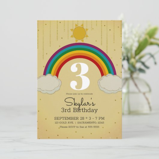 サンシャインレインボーイエロー金ゴールド誕生日パーティー 招待状 (スタンド正面)