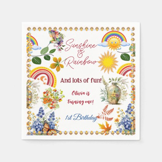 サンシャインレインボースプリングガーデン バタフライ バースデー スタンダードカクテルナプキン (正面)