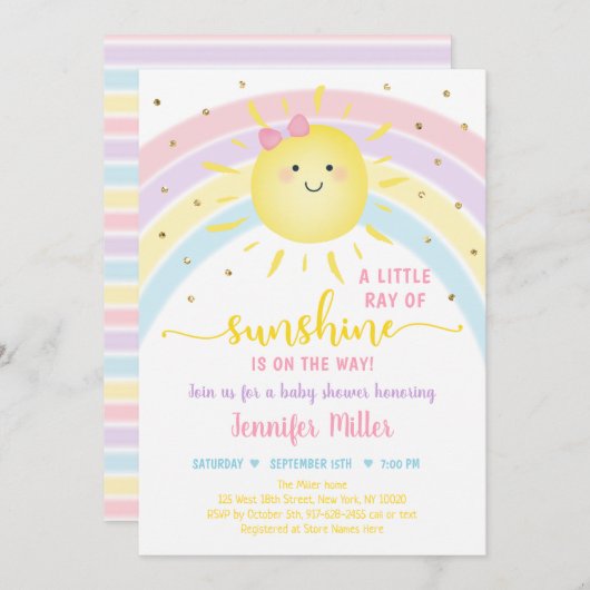 サンシャインレインボーピンク金ゴールドパステルベビーシャワー 招待状 (正面/裏面)