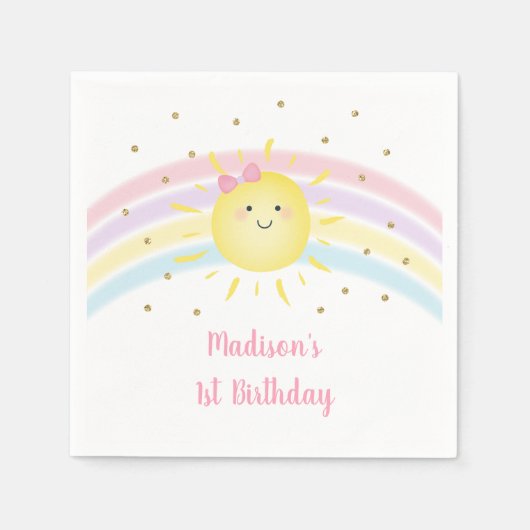サンシャインレインボーピンク金ゴールドパステル誕生日 スタンダードカクテルナプキン (正面)