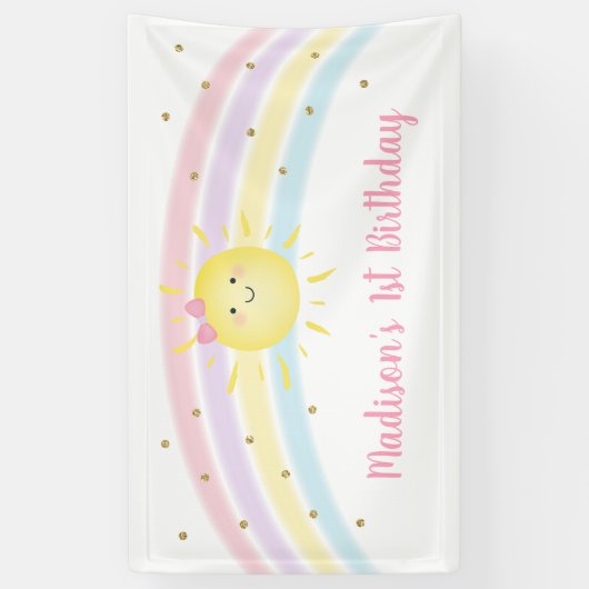 サンシャインレインボーピンク金ゴールドパステル誕生日 横断幕 (縦)