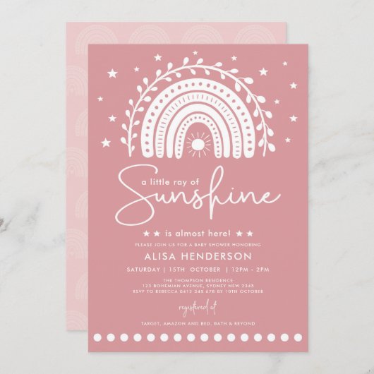 サンシャインレインボーベビーシャワーのミュートされたピンクの光線 招待状 (正面/裏面)