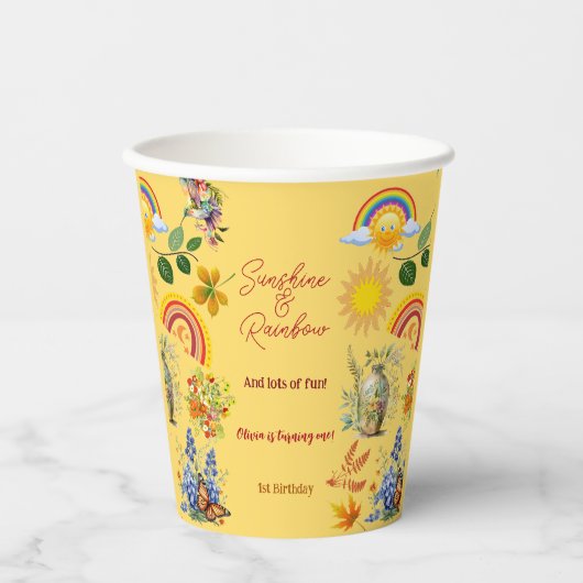 サンシャインレインボー春ガーデンバタフライ誕生日 紙コップ (正面)