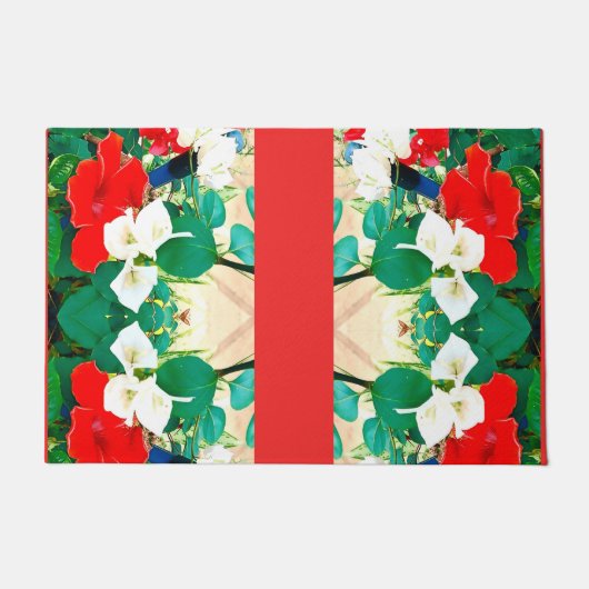 サンシャインレッドハイビスカスグリーン葉紅葉おもしろい ドアマット (正面)