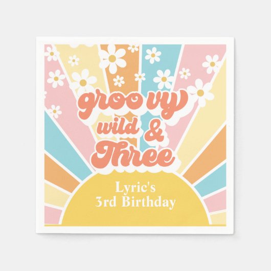 サンシャインレトロデイジー3歳の誕生日 スタンダードカクテルナプキン (正面)