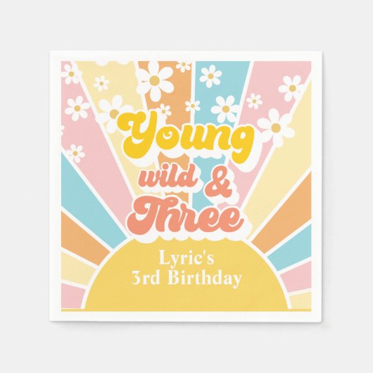 サンシャインレトロデイジー3歳の誕生日 スタンダードカクテルナプキン (正面)