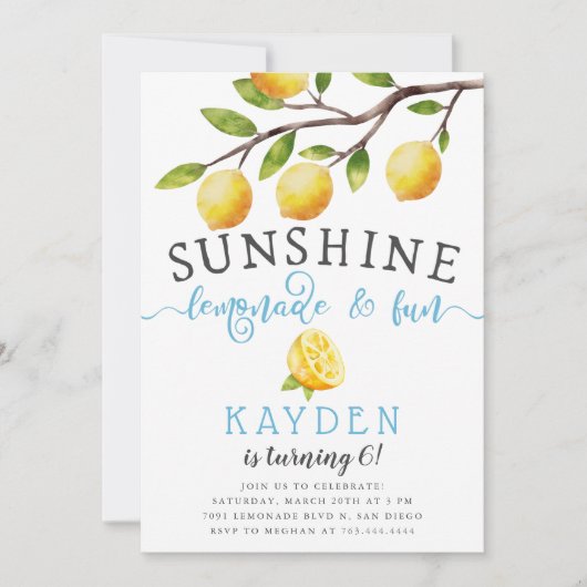 サンシャインレモネードとおもしろいボーイズバースデーパーティー 招待状 (正面)