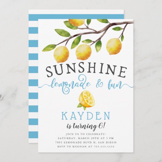 サンシャインレモネードとおもしろいボーイズバースデーパーティー 招待状 (正面/裏面)