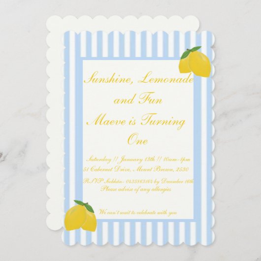 サンシャインレモネードとおもしろい1歳の誕生日招待状 招待状 (正面/裏面)