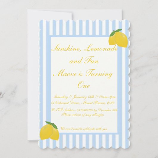 サンシャインレモネードとおもしろい1歳の誕生日招待状 招待状 (正面)