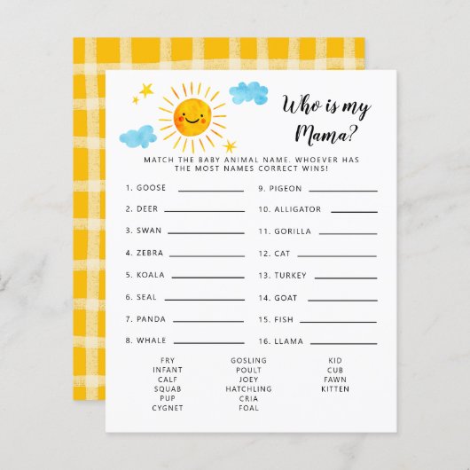 サンシャイン誰が私のママ赤ちゃんシャワーのゲーム (正面/裏面)