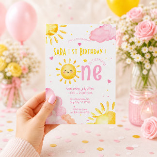 サンシャイン1歳の誕生日 パステルベビーガールかわいい 招待状