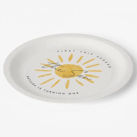 サンシャイン1誕生日ウォーターカラーサンイエロモダンー ペーパープレート (アングル)