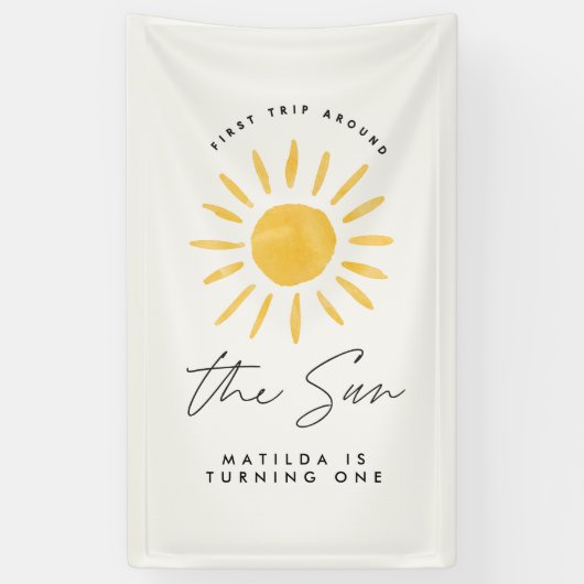 サンシャイン1誕生日ウォーターカラーサンイエロモダンー 横断幕 (縦)