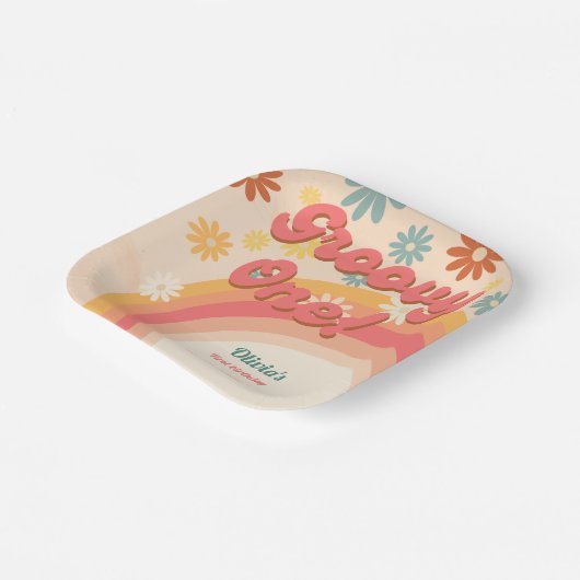 サンシャイン70sレトロなグルービーデイジー花の誕生日パ ペーパープレート (傾斜あり)