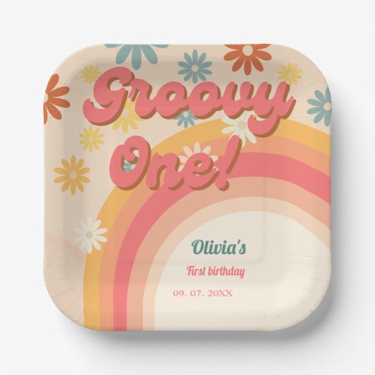 サンシャイン70sレトロなグルービーデイジー花の誕生日パ ペーパープレート (正面)