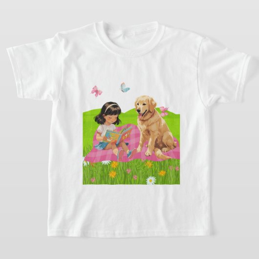 サンシャイン・アンド・ストーリータイム – 女の子と犬 Tシャツ (レイダウン)