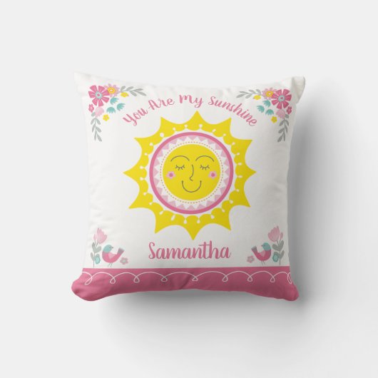 サンシャイン キュート イエロー ピンク パーソナライズ ベビー ルーム クッション (正面)