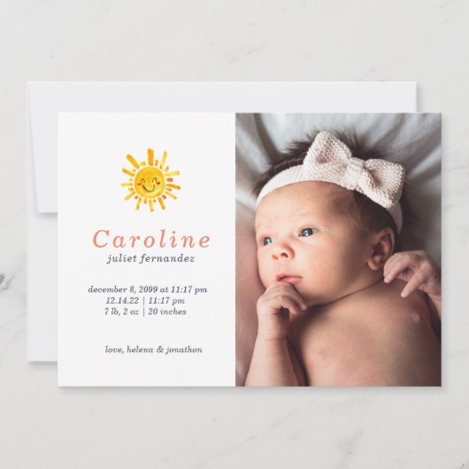 サンシャイン プライマリー ネーム ベイビー バース アナウンスメント 招待状 (正面)