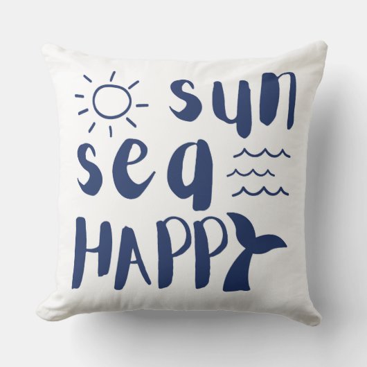サンシーハッピーホエールウェーブズビーチタイポグラフィ クッション (正面)