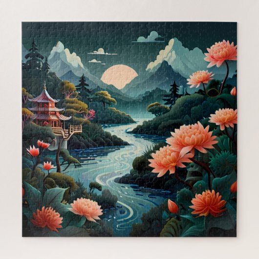 「サンセットでのセレニティ伝統的ア中国の・アート ジグソーパズル (縦)