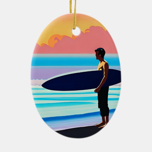 サンセットでサーファーがビーチに立つ セラミックオーナメント (裏面)