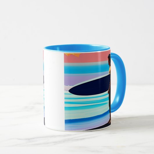 サンセットでサーファーがビーチに立つ マグカップ (正面右)