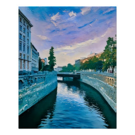 サンセットでシティーを抜ける風光明媚な川 ポスター