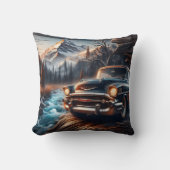 サンセットでマウンテンストリームでヴィンテージカー クッション (正面)