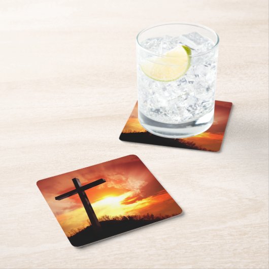 サンセットで宗教的なイースタークロス スクエアペーパーコースター (インサイチュ)