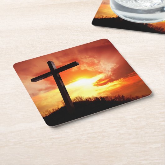 サンセットで宗教的なイースタークロス スクエアペーパーコースター (アングル)