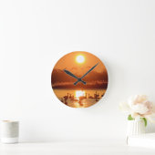 サンセットで湖に白鳥 ラウンド壁時計 (ホーム)