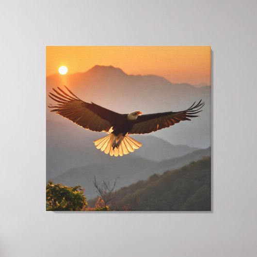 サンセットで舞い上がるハゲのワシ キャンバスプリント (正面)
