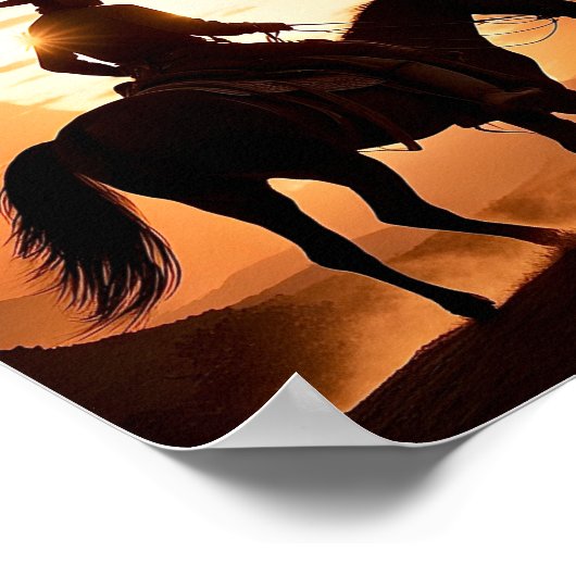 サンセットで馬に乗ったカウボーイのシルエット ポスター (角)