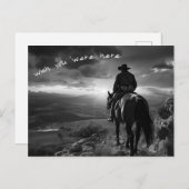 サンセットで馬に乗ったカウボーイB&W写真 ポストカード (正面/裏面)