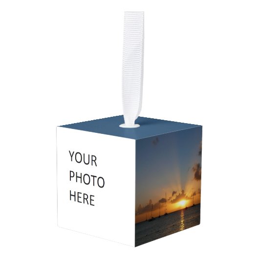 サンセットと帆船の熱帯風景写真 キューブオーナメント (正面アングル)