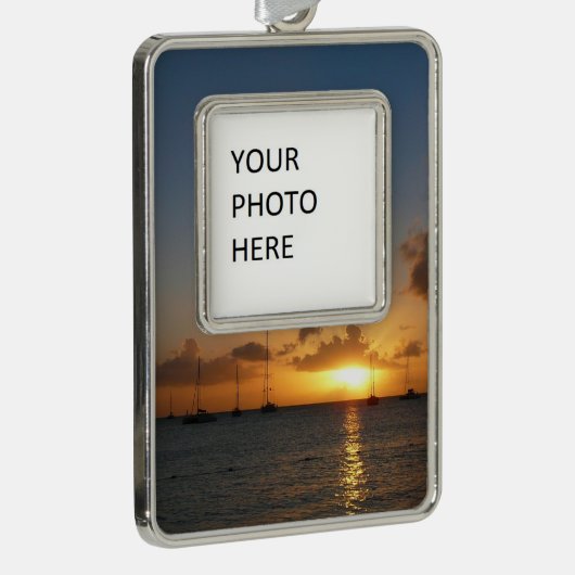 サンセットと帆船の熱帯風景写真 シルバープレートフレームオーナメント (右)