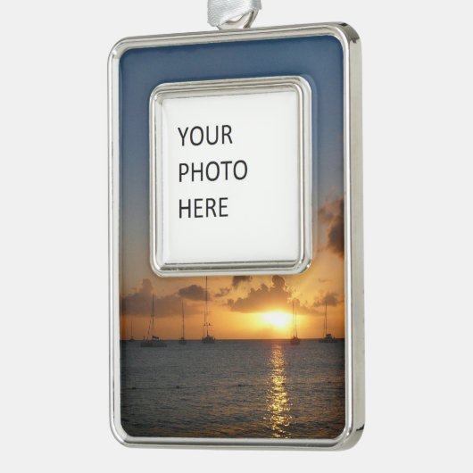 サンセットと帆船の熱帯風景写真 シルバープレートフレームオーナメント (左)