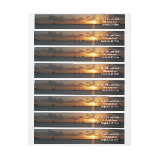 サンセットと帆船の熱帯風景写真 ラップアラウンドラベル (シート)