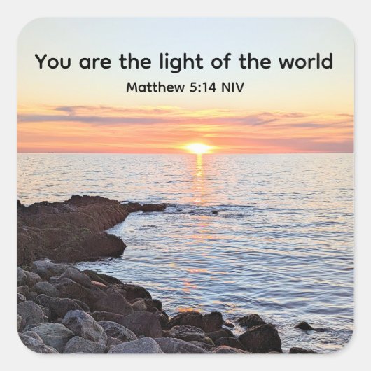 サンセットと海聖句クリスチャンの写真 スクエアシール (正面)