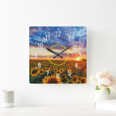 サンセットと美しいのひまわり – 素朴屋外 スクエア壁時計 (ホーム)