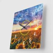 サンセットと美しいのひまわり – 素朴屋外 スクエア壁時計 (傾斜)